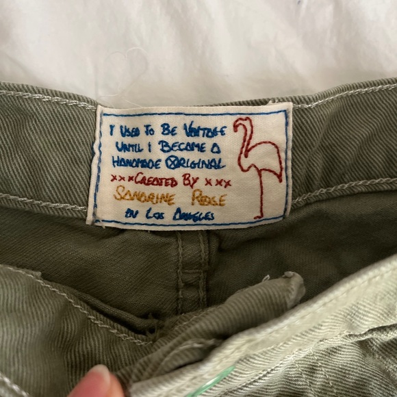 Vintage Repurposed Sandrine Rose Denim Green Shorts with Patches Handmade Design - Picture 4 of 5